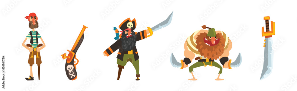 Poster pirate and corsair object and element vector set