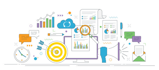 Business data analytics with charts and digital marketing performance report with communication tools and growth metrics.