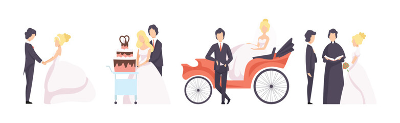 Just Married and Newlyweds Couple of Man and Woman Vector Set