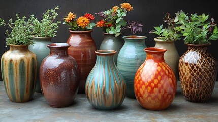 Raku pottery vases arranged a still life composition in an outdoor garden The natural light highlights the unique glaze patterns with lush greenery creating a harmonious setting