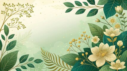 Herbal green and gold theme with flower detail and empty copy zone. Botanical composition.