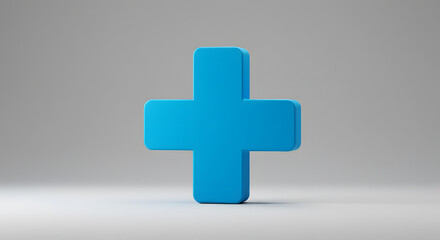Obraz premium Bright Blue Plus Sign, simple and isolated on a gradient gray background, representing addition orSingle medical aid plus sign, blue, bright, isolated, gradient, gray, Blue Plus Sign, simple and bold,