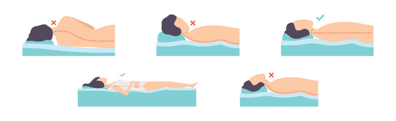 Correct and Incorrect Sleeping Body Posture of Man and Woman Vector Set