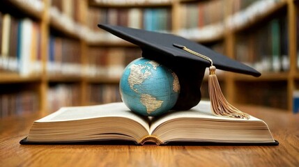 Studying abroad for higher education.  A graduation cap rests on an open textbook, with a blurred globe representing global learning opportunities in a campus library.  Back to school