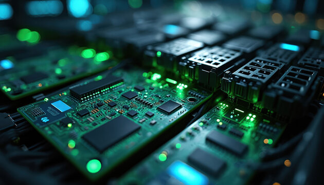 Server farm close-up high-tech data center technology environment futuristic viewpoint. Server hardware components with glowing green lights, processors, chips. Tech, processing, digital, futuristic - Powered by Adobe