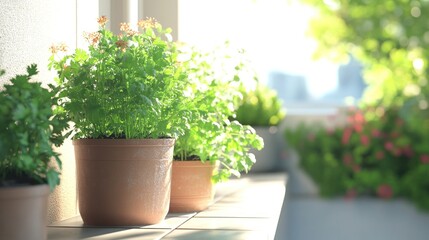 Fototapeta premium Sunlight-drenched herbs on a balcony
