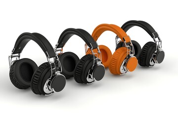 Three black and one orange headphones lined up on a white background.