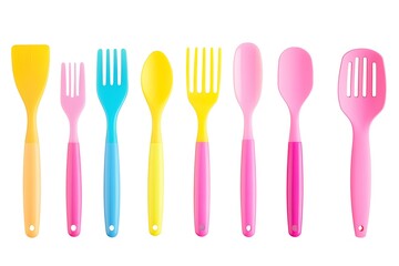 Colorful plastic kitchen utensils arranged in a row.