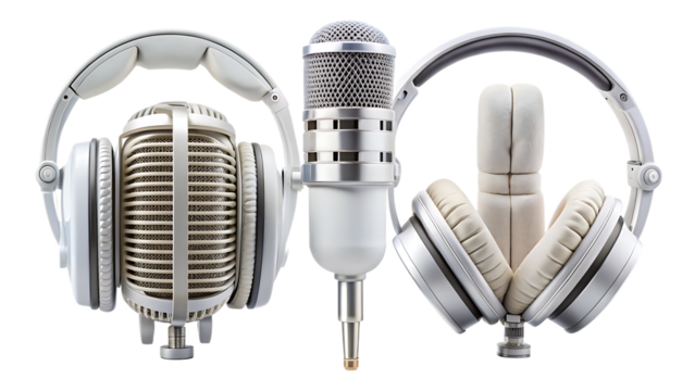 set of nice stylish and cool broadcast professional microphone and a matching white color headphones, generic design isolated on white background , PNG