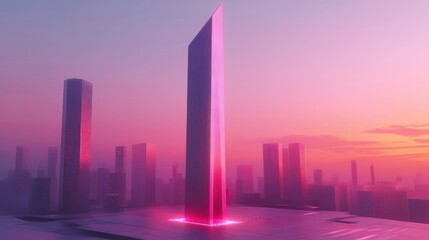 Fototapeta premium Futuristic city skyline at sunset with a vibrant, tall, slender building