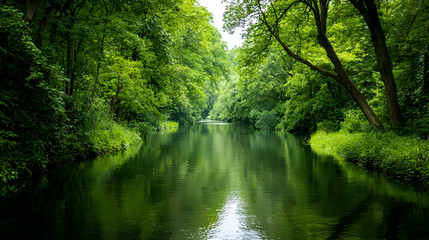 Serene Green Forest Canal Reflection