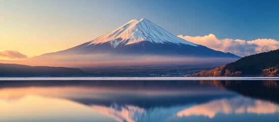 Fototapeta premium Majestic Mount Fuji Reflected in Still Lake Waters at Sunrise, Japan