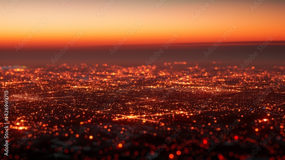 Poster Glowing points and interconnected lines illustrate a digital network, creating a mesmerizing visual against a warm sunset horizon with ample copy space