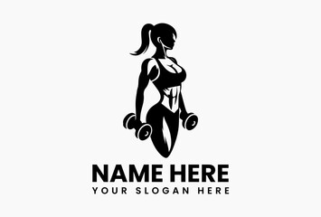 Geometric fitness woman with angular muscles, bold vector logo for strength training and MMA gyms 