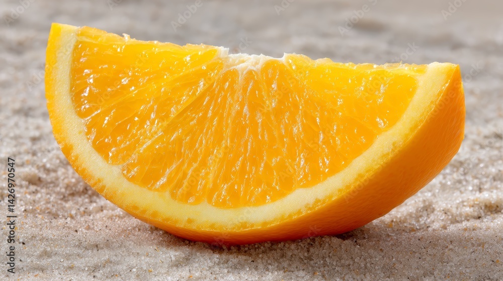 Poster close-up view of a single ripe orange slice highlighting its juicy, textured surface on a neutral sa