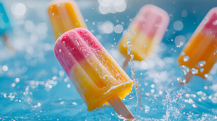 A group of colorful ice pops is splashing in the water
