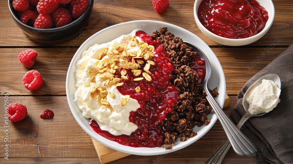 Poster creamy yogurt parfait is layered with crunchy granola and vibrant raspberry coulis in a white bowl, 