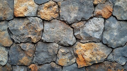Fototapeta premium Rough stone wall texture. Close-up view of a stone wall constructed from irregularly shaped stones in gray and tan colors
