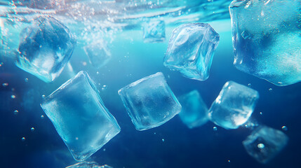 A blue ocean with ice cubes floating in it