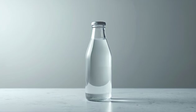 Clear glass bottle filled with water on table. Minimalist design, transparent glass, natural drink. Refreshing beverage for health. Medical research, product display concept.