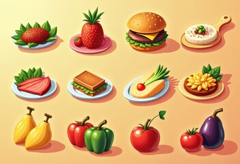 colorful vector food icons collection bright backgrounds vibrant graphics culinary illustrations, design, art, cheese, fruit, vegetable, drink, plate