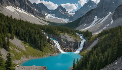 Fototapeta premium Serene Alpine Lake With Cascading Waterfalls and Majestic Snowcapped Peaks