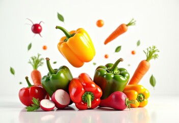 colorful vegetables levitate white backdrop vibrant freshness healthy food visuals nature, tomato, carrot, broccoli, cucumber, zucchini, eggplant, potato