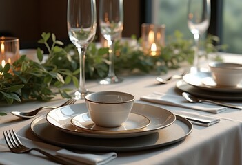 Fototapeta premium contemporary metal dinnerware elegant table setting modern aesthetic stylish dining experience, utensils, plates, bowls, cutlery, decor, service, items