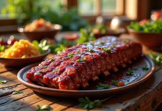succulent barbecue ribs glazed sauce served rustic wooden table country dining experience, meal, food, plate, meat, grill, saucepan, cooking, chef