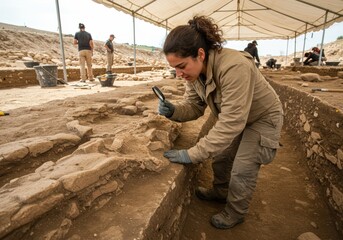 Naklejka premium Woman archaeologist carefully examines ancient ruins with magnifying glass at excavation site, uncovering historical artifacts and exploring concept of history and research under tent.