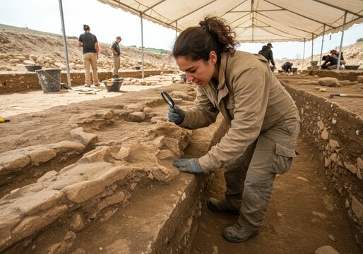 Woman archaeologist carefully examines ancient ruins with magnifying glass at excavation site, uncovering historical artifacts and exploring concept of history and research under tent.