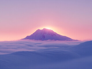 breathtaking view of a snow-covered mountain at sunset, with the sky painted in hues of pink and purple. The mountain peak is illuminated by the soft light of the setting sun