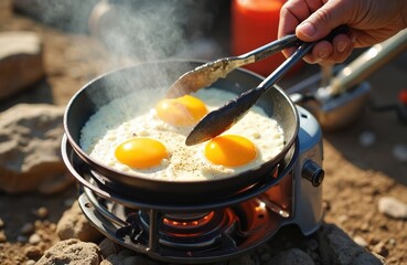 Person prepares fried eggs outdoors camping on metal gas stove. Camping picnic breakfast with hot food, eggs. Tourism recreation during holiday vacation lifestyle.