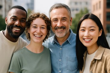 Diverse group smiling outdoors.