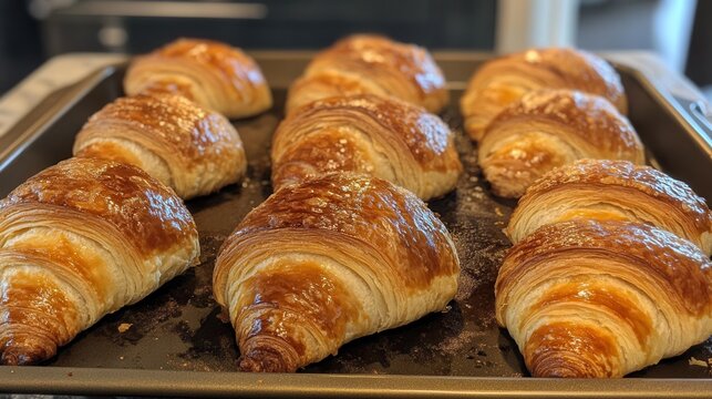 Golden, freshly baked croissants arranged on an oven tray.