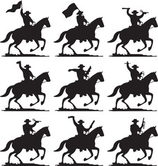 A set of black cowboy silhouettes riding horses in different dynamic poses, holding flags on white background