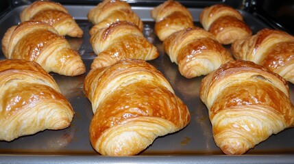 Fototapeta premium Golden, freshly baked croissants arranged on an oven tray.