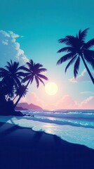 Obraz premium Tropical beach paradise with palm trees and a vibrant sunset painting the sky with soft colors.