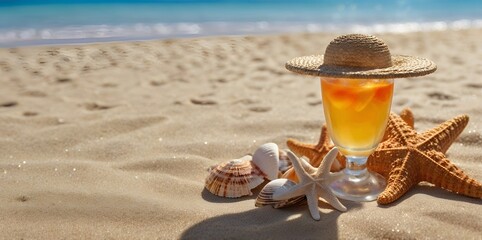 Relaxing beach scene with deck chair, umbrella, tropical drink, and seashells