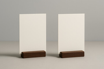 Blank Tabletop Menu Cards with Wooden Holders on Neutral Background for Restaurant Branding or Event Mockup Design
