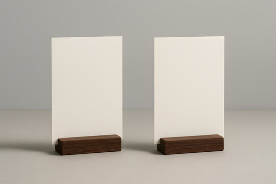 Blank Tabletop Menu Cards with Wooden Holders on Neutral Background for Restaurant Branding or Event Mockup Design
