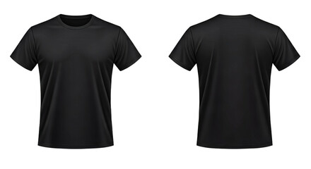 A black t-shirt mockup, front and back views, on a transparent background, showcasing a realistic fabric texture and simple crew neck design.