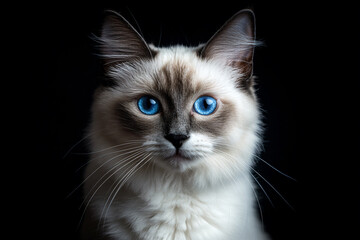 a cat with blue eyes sitting on a black surface