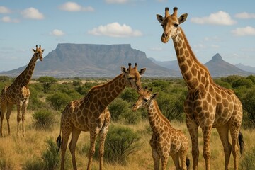 Obraz premium Giraffes roam African savanna landscape.