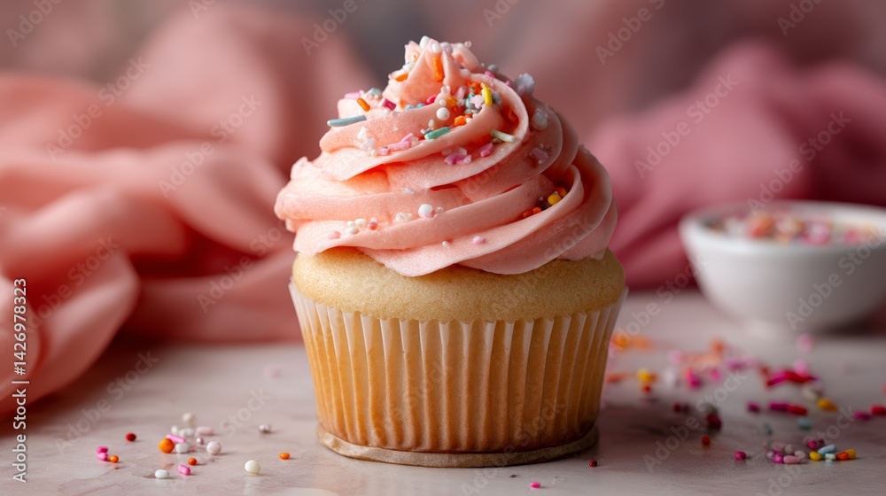 Poster a single cupcake features smooth pink buttercream frosting topped with sprinkles, elegantly placed i