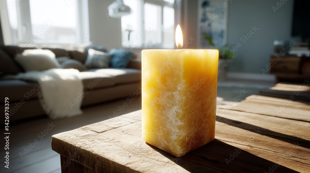 Aufkleber a single wax candle flickers softly on a rustic wooden table, illuminating a shadowed interior with 