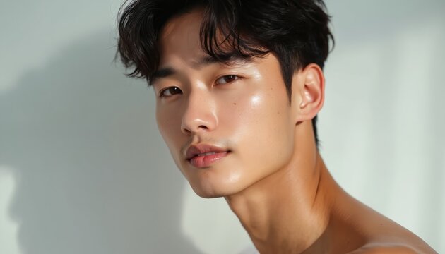 Attractive Asian man with healthy glowing skin looking at camera. Beauty portrait in studio with perfect skin, hydration, fresh, face with facial hydration treatment. Skincare beauty product