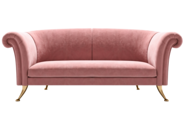 Luxurious pink velvet sofa featuring elegant curved arms, classic design aesthetic with gold legs, statement seating furniture isolated against a transparent background for stylish interiors