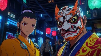 Fototapeta premium In a cyberpunk setting, anime characters don Japanese demon masks, combining futuristic elements with traditional symbolism.