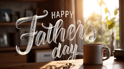 A heartwarming Father's Day scene featuring a "Happy Father's Day" message written in elegant script over a background of warm, golden sunlight shining through a window, with a soft focus on a 